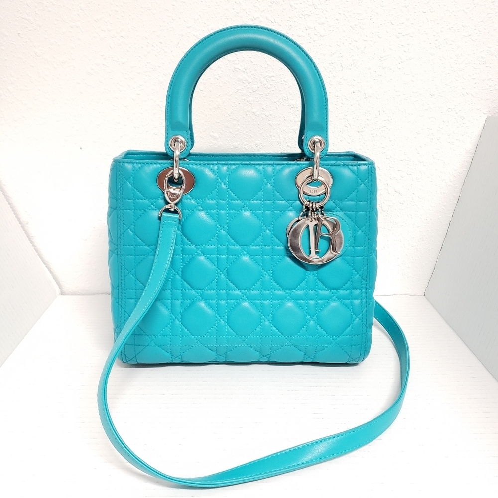 Authentic Dior Lady Dior Turquoise Cannage Leather Medium Bag - Picture 2 of 16